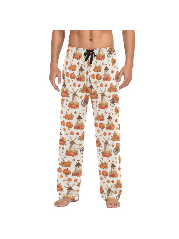 Autumn Harvest Pattern with Pumpkins and Windmills Men Pajama Pants Cotton Mens Pajamas Bottoms Sleepwear Pjs Lounge Pants L