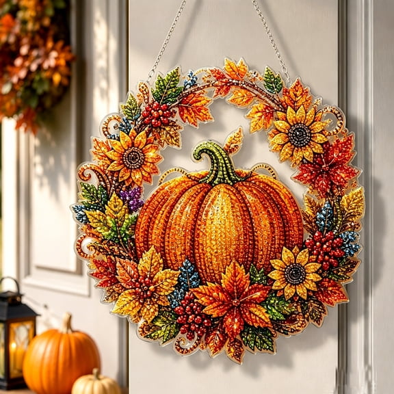 Autumn Harvest Pumpkin Diamond Art Hanging Ornament Kit, DIY Acrylic 5D Special Shaped Gem Craft Decoration for Window Home Garden Wall