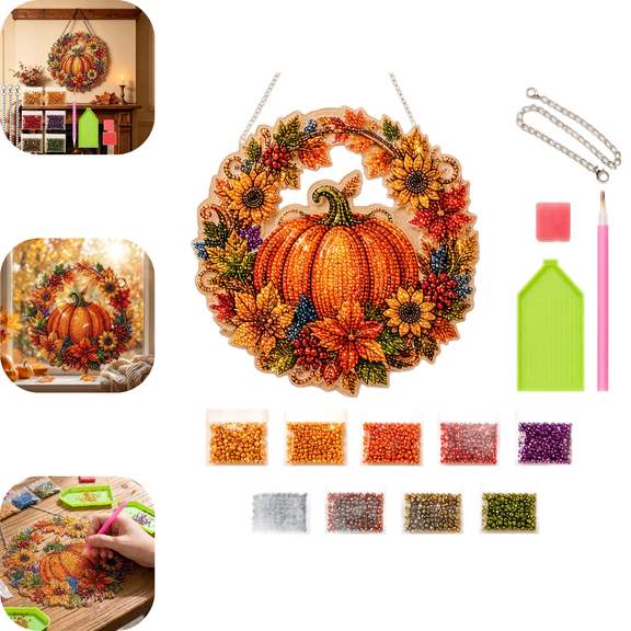 Autumn Harvest Pumpkin Diamond Art Hanging Ornament Kit,DIY Fall Sunflower Pumpkin Diamond Art Hanging Window Decor Sign for Garden Home Wall Halloween