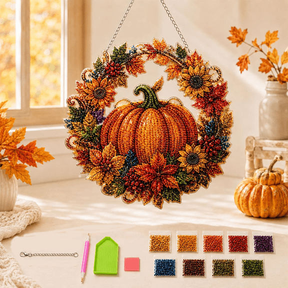 Autumn Harvest Pumpkin Diamond Art Hanging Ornament Kit with Sunflowers Halloween Thanksgiving Decorating for Window Cozy Home Wall