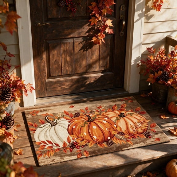 Autumn Harvest Pumpkin Doormat, Fall Maple Leaf Pinecone Print Non‑Slip Floor Mat, Decorative Entryway Rug for Front Door Indoor Fall Home Decor