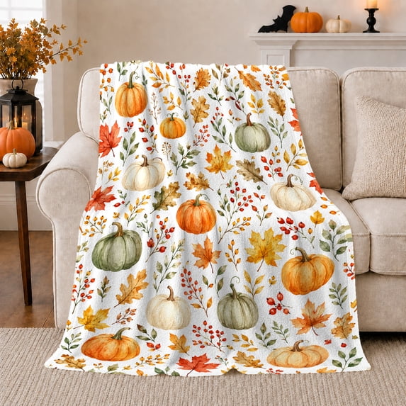 Autumn Harvest Pumpkin Leaves, Festive Holiday Scene, Warm Flannel Blanket for Living Room and Family Room with Detailed Artwork, Art Lovers Thanksgiving Gift, Festive Home Decor