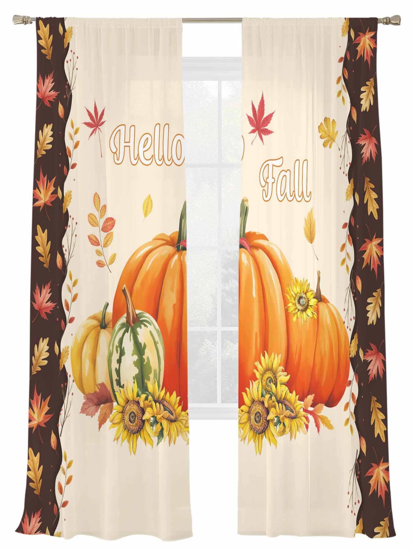 Autumn Harvest Pumpkin Maple Leaf Brown Beige Hello Fall Sheer Curtains ...