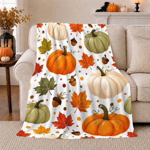 Autumn Harvest Pumpkin Maple Leaf Pattern, Cozy Friendship Quote Scene, Warm Flannel Blanket for Living Room and Reading Nook, Art Lovers Thanksgiving Gift, Festive Home Decor