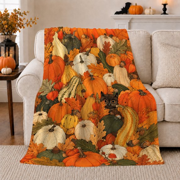 Small Owl Peeking Between Pumpkins Gourds And Leaves, Cozy Flannel Blanket for Autumn Nature Enthusiasts, Rustic Illustration Home Decor for Living Room and Dining Room, Thanksgiving Gift