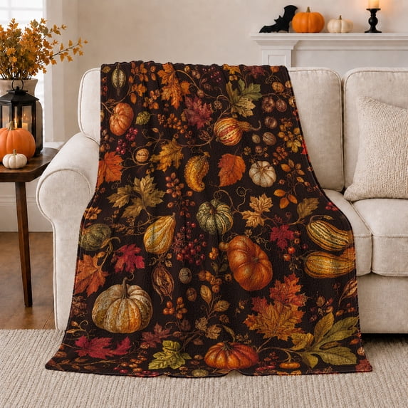 Autumn Harvest Pumpkin Patch Twisting Vines Berries Rustic, Rustic Botanical Portrait, Warm Flannel Blanket for Sunroom and Reading Nook, Garden Lovers Thanksgiving Gift, Rustic Home Decor