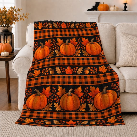 Autumn Harvest Pumpkin Plaid, Cozy Friendship Quote Scene, Warm Flannel Blanket for Living Room and Reading Nook, Art Lovers Thanksgiving Gift, Artistic Home Decor