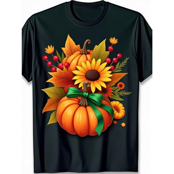 Autumn Harvest Tee Pumpkin Sunflower Berry T Shirt Fall Graphic Tees Tops Trendy Seasonal Design Black S-5XL