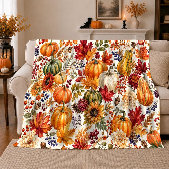 Autumn Harvest Pumpkin Watercolor Garden Artwork, Cozy Friendship Quote Scene, Warm Flannel Blanket for Living Room and Reading Nook, Art Lovers Thanksgiving Gift, Festive Home Decor