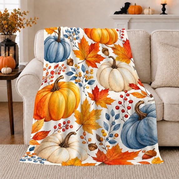 Autumn Harvest Pumpkin Watercolor Pumpkin Maple Leaf Design, Cozy Friendship Quote Scene, Warm Flannel Blanket for Living Room and Reading Nook, Art Lovers Thanksgiving Gift, Artistic Home Decor