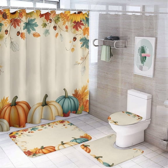 Autumn Harvest Pumpkins Sunflowers Shower Curtain Waterproof Bathroom Curtain Set 4pcs with Hooks Rugs Mat Bathroom Curtains Home Decor