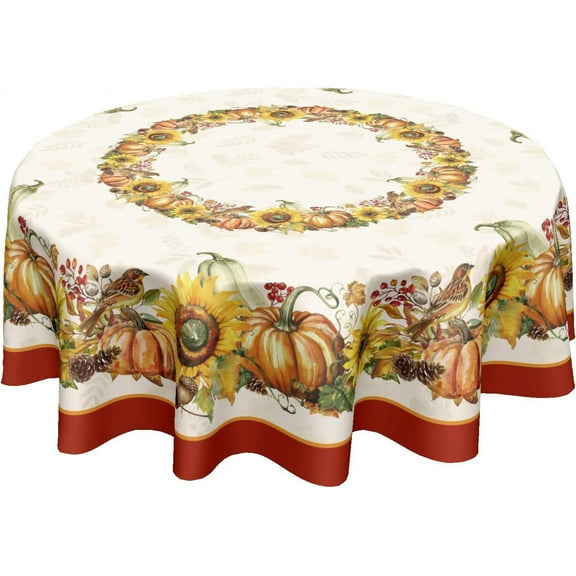 Autumn Harvest Round Tablecloth 60 Inch Fall Thanksgiving Pumpkins Sunflowers Table Cloth Rustic Farmhouse Polyester Table Cover for Kitchen Dining Room Indoor Outdoor Home Decor