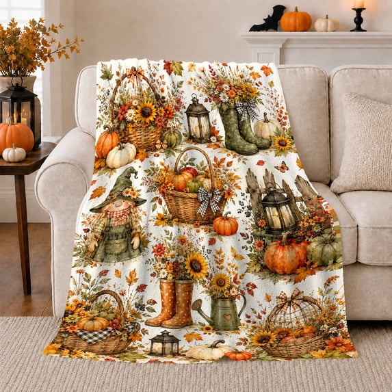 Autumn Harvest Scarecrow Pumpkin Collage, Festive Pet Portrait Pattern, Warm Flannel Blanket for Ranch House and Living Room, Cat Lovers Thanksgiving Gift, Pet Lover Home Decor