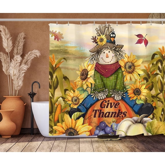 Autumn Harvest Scarecrow Shower Curtain Sets, Fall Rustic Thanksgiving Pumpkin Sunflowers Bathroom Decoration 70x70 Inch with 12 Hooks