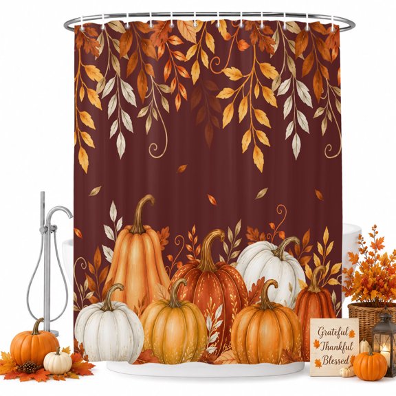 Autumn Harvest Shower Curtain for Bathroom, Dark Red Orange Pumpkin Eucalyptus Leaves Fall Waterproof Cloth Fabric Bathroom Accessories Set with 9 Rust Proof Plastic Hooks, 36"x72"