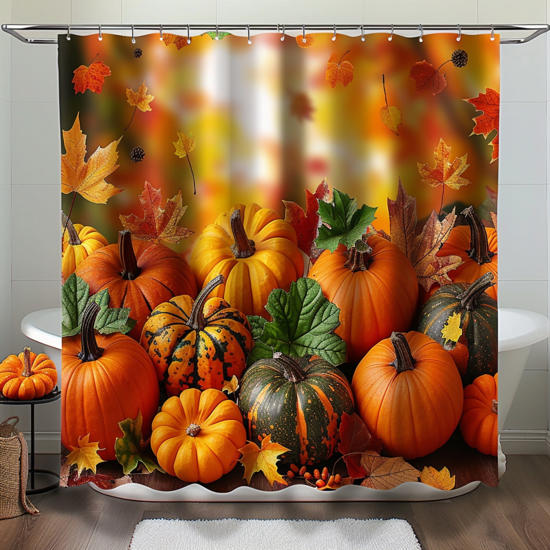 Autumn Harvest Shower Curtain Pumpkins Leaves Fall Elements Realistic ...