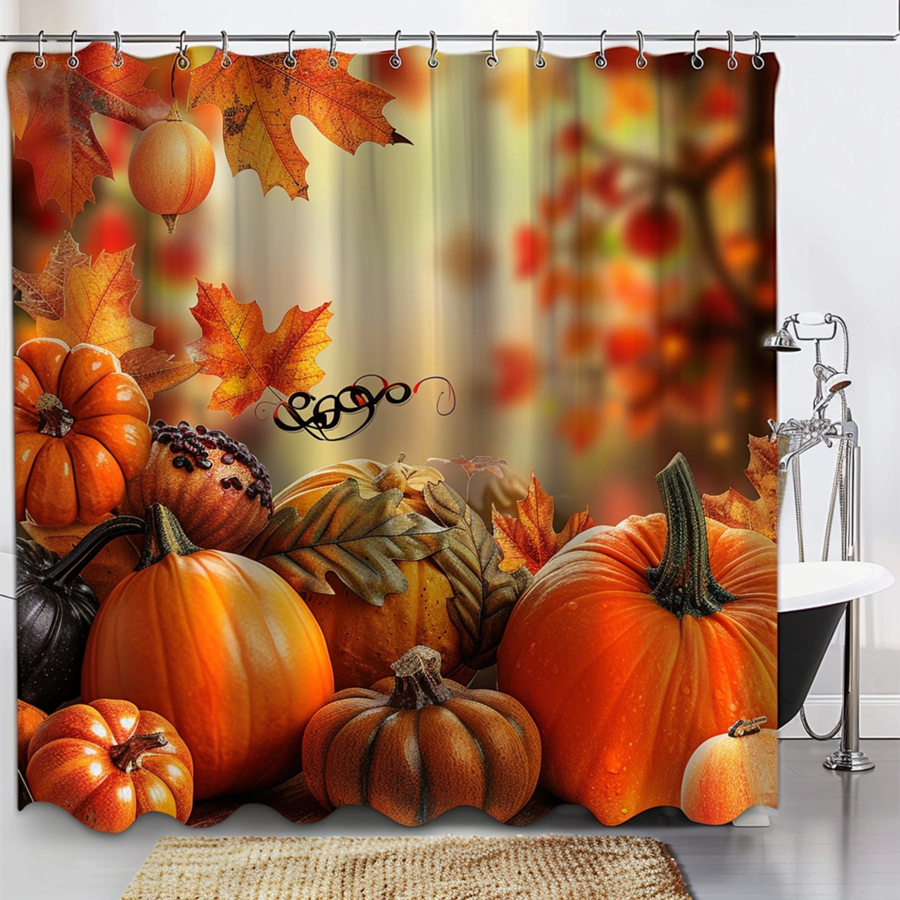 Autumn Harvest Shower Curtain with Pumpkins Leaves and Fall Elements