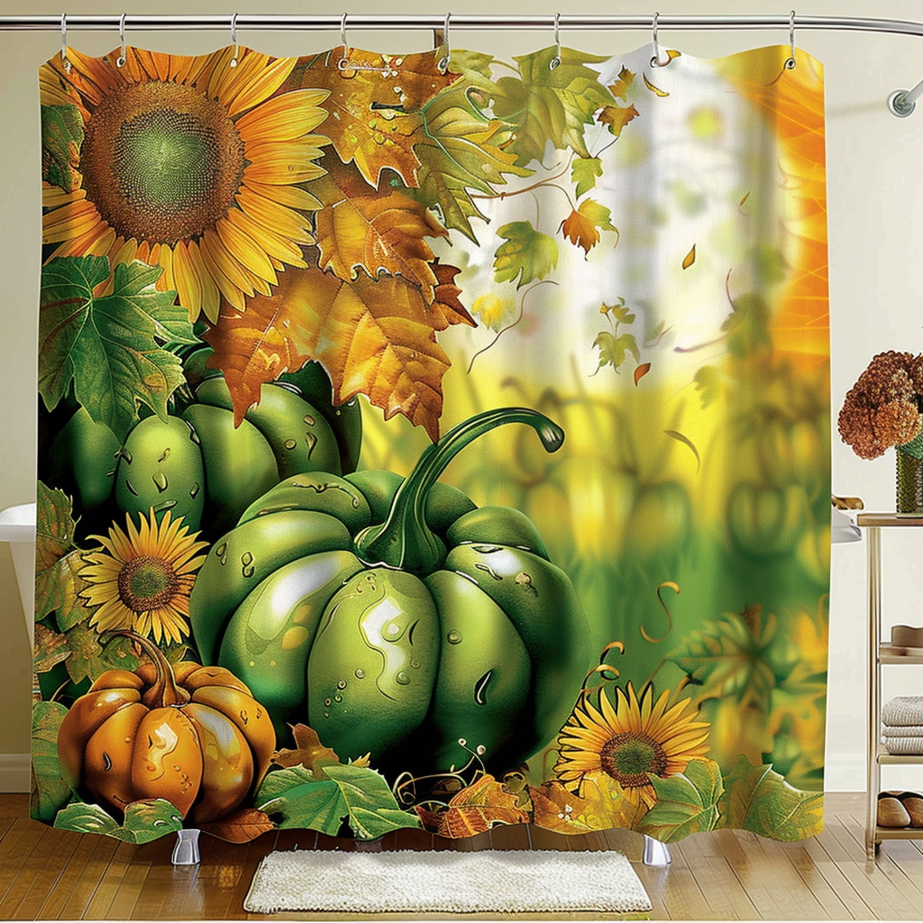 Autumn Harvest Shower Curtain with Sunflowers and Pumpkins Vibrant Fall Bathroom Decor High