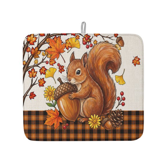 Autumn Harvest Squirrel Acorn Dish Drying Mats for Kitchen Counter,Absorbent Microfiber Dish Drainer Rack Mat Fall Maple Leaves Drying Pad for Sinks,Utensils,Countertops,16x18in