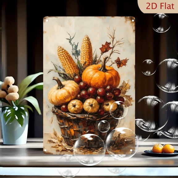 Autumn Harvest Still Life Oil Painting on Canvas, Rustic Wicker Basket with Pumpkins, Corn, Grapes and Gourds, Vintage Wall Art for Kitchen or Living Room, 8x12 Inches