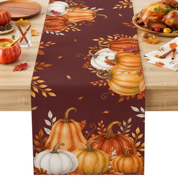 Autumn Harvest Table Runner 13x36 Inch Dark Red Orange Pumpkin Eucalyptus Leaves Fall Cotton Linen Dining Table Runner Ideal for Dresser Kitchen Coffee Tables - Machine Washable