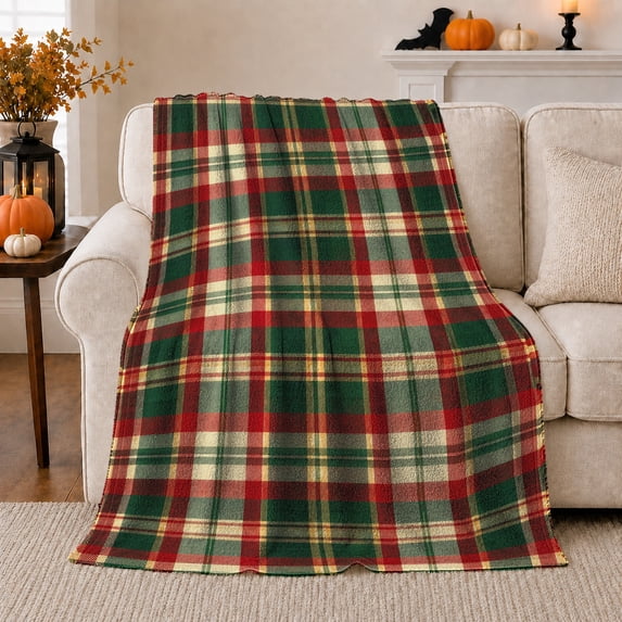Autumn Harvest Tartan Plaid Design, Festive Holiday Scene, Warm Flannel Blanket for Cabin and Lodge with Detailed Artwork, Art Lovers Thanksgiving Gift, Festive Home Decor