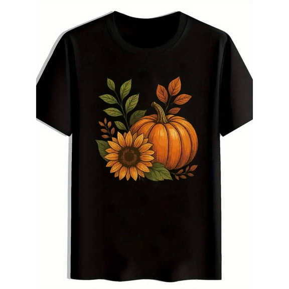Autumn Harvest Tee Pumpkin Design T Shirt Sunflower Leaf Graphic Tees Fall Fashion Tops Black S-5XL