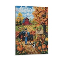 Autumn Harvest Thanksgiving Wall Art Pictures 8x12inch Canvas Prints Autumn Farm Scene with Colorful Pumpkins, Fall Leaves Bathroom Wall Art Perfect for Home Decor Gifts & Keepsakes Framed