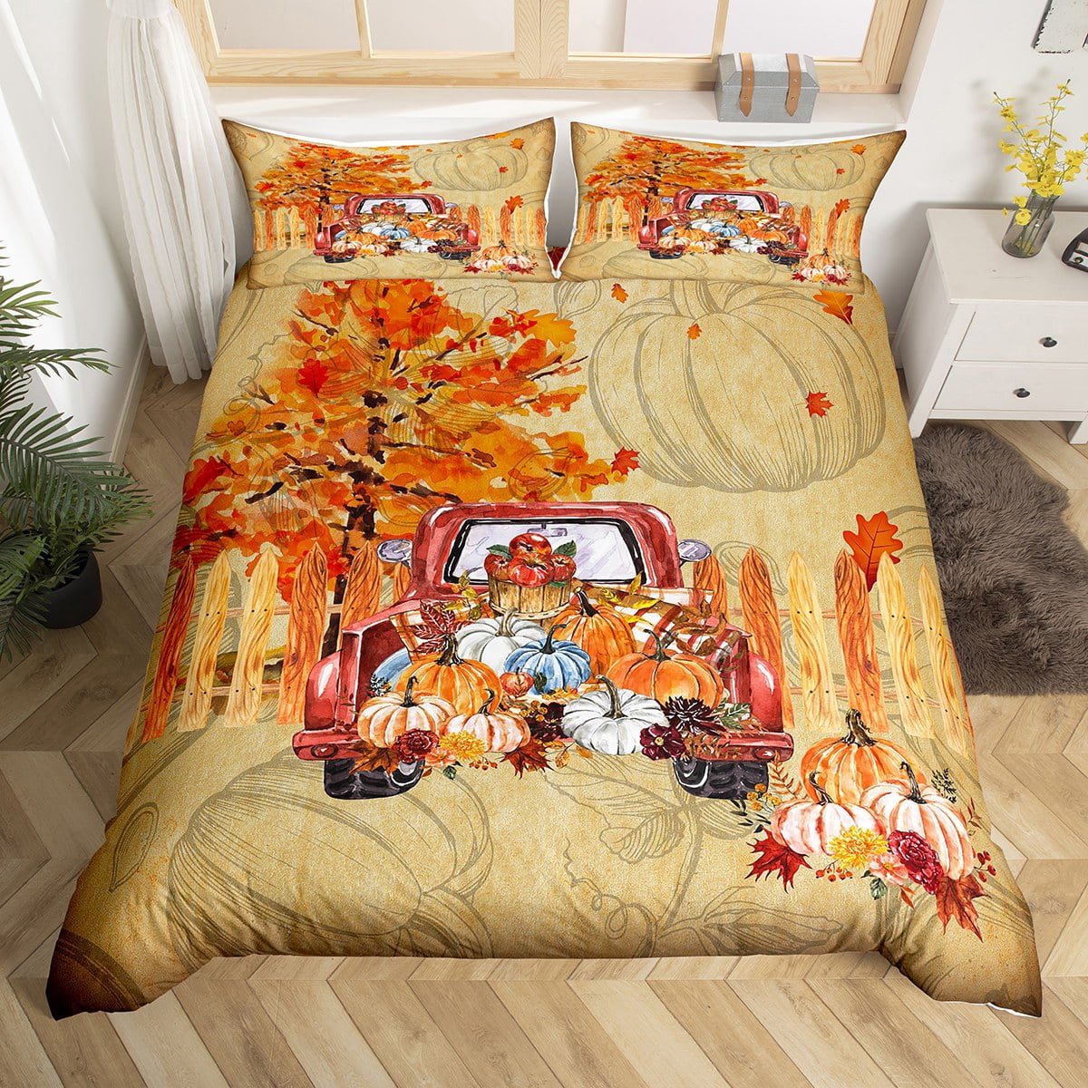 Autumn Harvest Theme Duvet Cover Maple Leaf Pumpkin Decor Bedding Set ...