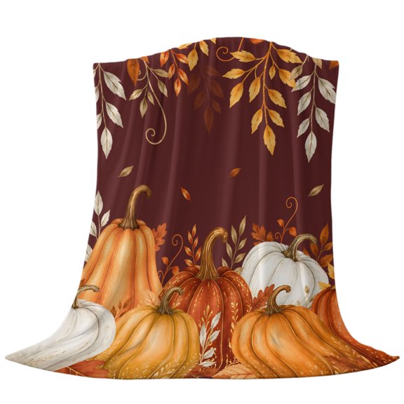 Autumn Harvest Throw Flannel Blanket Dark Red Orange Pumpkin Eucalyptus Leaves Fall Super Soft Cozy Bed Blanket, Lightweight Plush Fuzzy Bed Throw for Bedroom Sofa Couch Living Room 30x40in