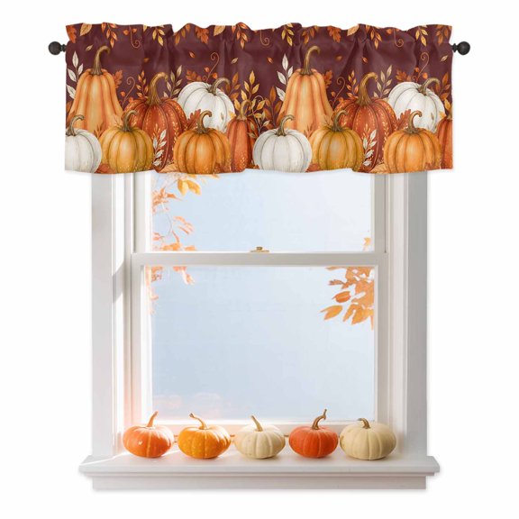 Autumn Harvest Valances for Windows Dark Red Orange Pumpkin Eucalyptus Leaves Fall Valance Curtains Rod Pocket Kitchen Small Window Treatments for Living Room Bathroom Bedroom, 42"x12"