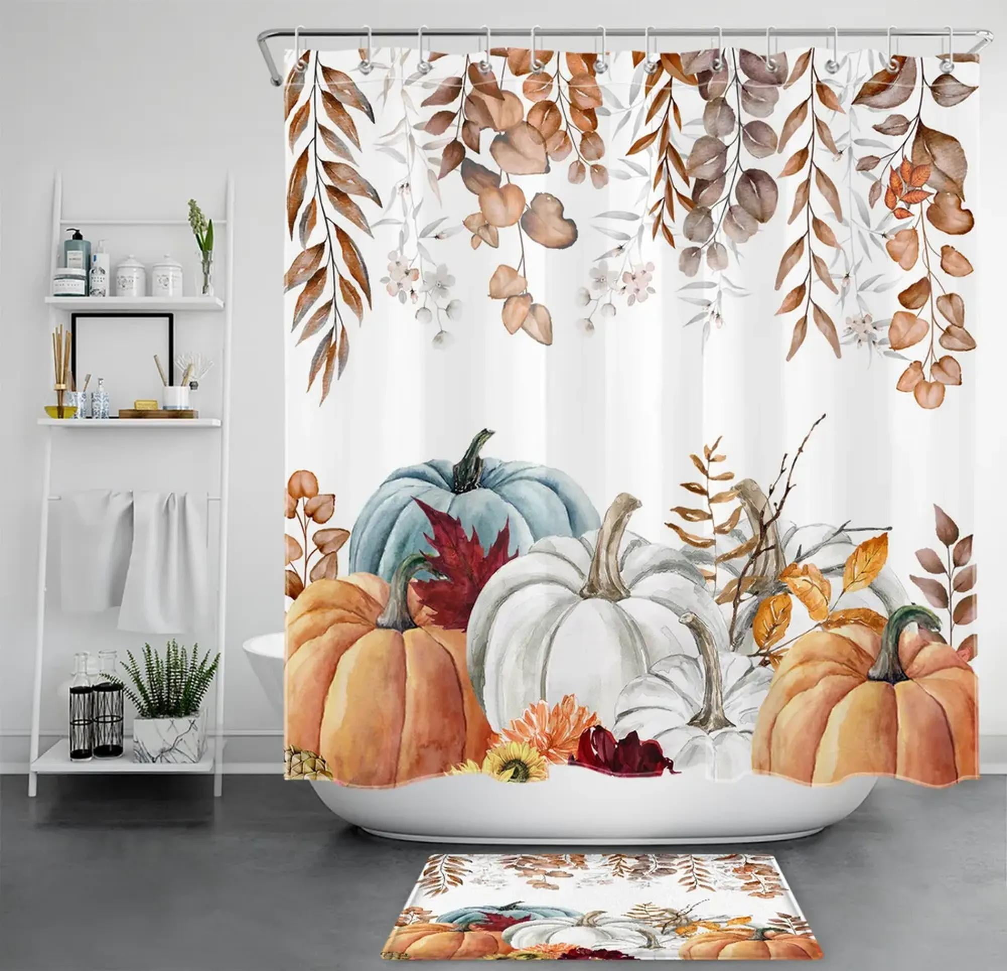 Autumn Harvest Vibes Watercolor Leaf & Pumpkin Shower Curtain Set for Cozy Fall Bathroom Decor