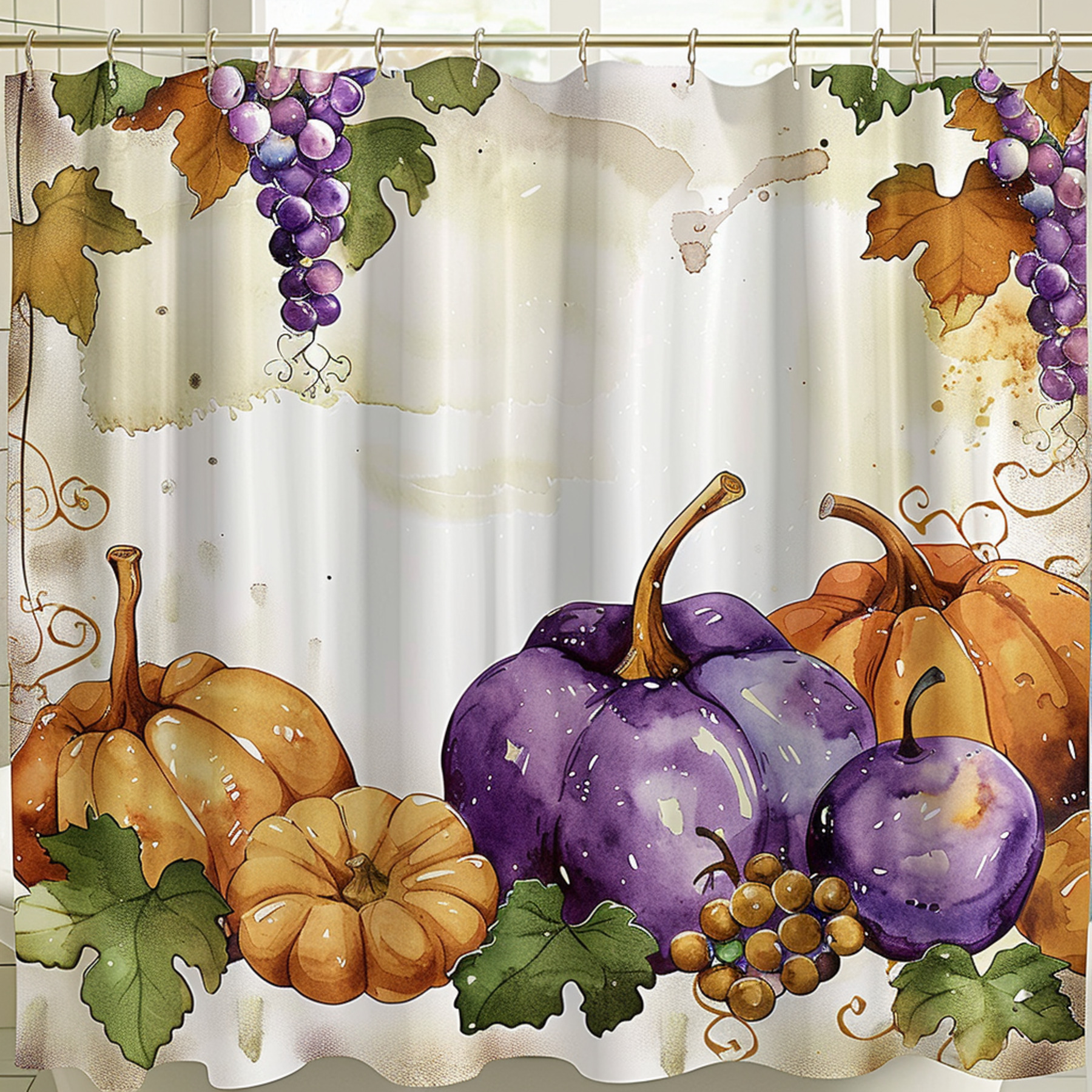 Autumn Harvest Watercolor Shower Curtain Purple and Orange Pumpkins
