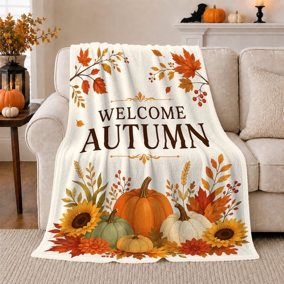 Autumn Harvest Welcome Display, Cozy Friendship Quote Scene, Warm Flannel Blanket for Living Room and Reading Nook, Art Lovers Thanksgiving Gift, Artistic Home Decor