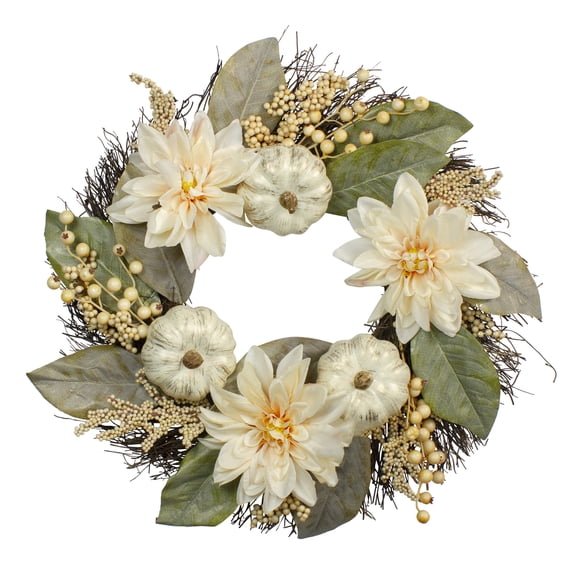 Northlight Dahlia and Pumpkin Fall Artificial Floral Wreath, 22-Inch