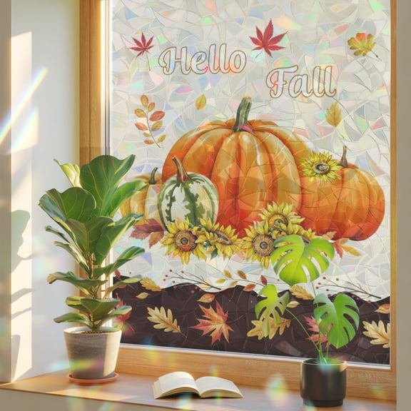 Autumn Harvest Window Privacy Film, Pumpkin Maple Leaf Brown Beige Hello Fall Stained Glass Rainbow Film Decorative Window Clings, Static Cling Sun Blocking Stickers 17.7" x 39.3"