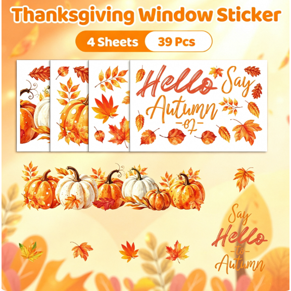 Autumn Harvest Window "Say Hello to Autumn" Pumpkin & Leaf Double-Sided Wall Stickers for Thanksgiving Home Decor,4 PCS