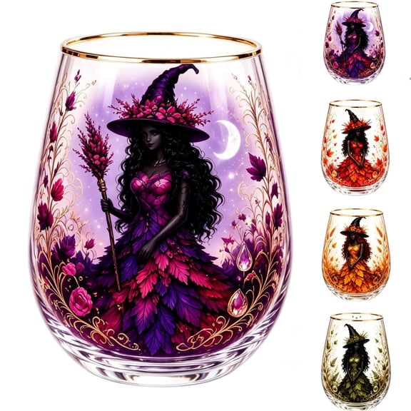 Autumn Harvest Witch Stemless Drinking Glasses, Artisanal Fantasy Glassware Collection, Forest Witch Gold Rim Glass Cups for Iced Coffee Cocktails Juice, Home Decor Gift for Witch Enthusiasts(Purple)