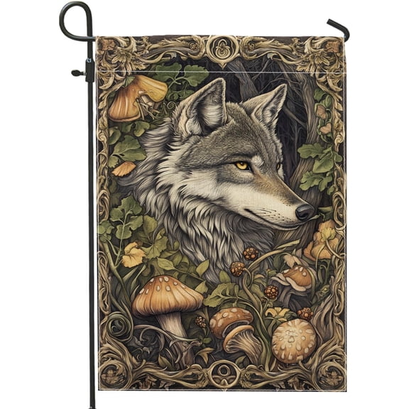 Autumn Harvest Wolf Garden Flag, Rustic Gray Animal Nature Outdoor Banner, Double Sided Fall Seasonal Yard Flag, 12 x 18 Inch