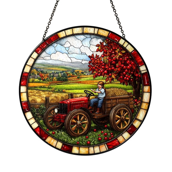 Autumn Hayride Tractor Scene Stained Glass Style Suncatcher, Fall Farm Window Art Accent