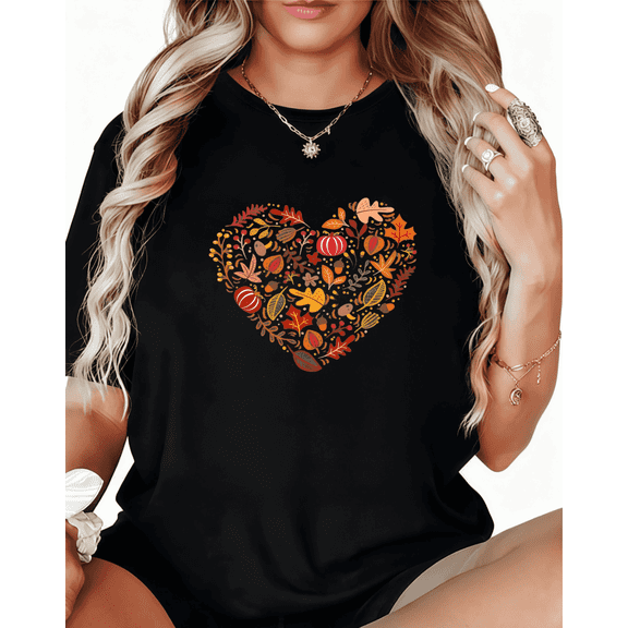 Autumn Heart Floral Loving Graphic Breathable Tee T-Shirt Print Top Short Sleeve Round Neck Black S-5XL