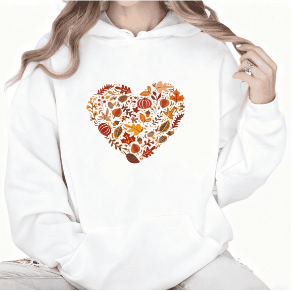 Autumn Heart Floral Loving Graphic Suitable Tee T-Shirt Print Top Hooded long-sleeved White S-2XL