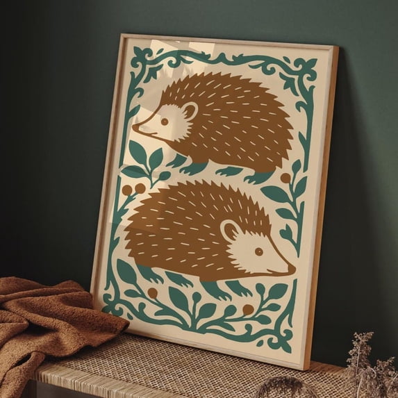 Autumn Hedgehogs Art Rococo Floral Poster Whimsical Woodland, Unframed Canvas 16x20in