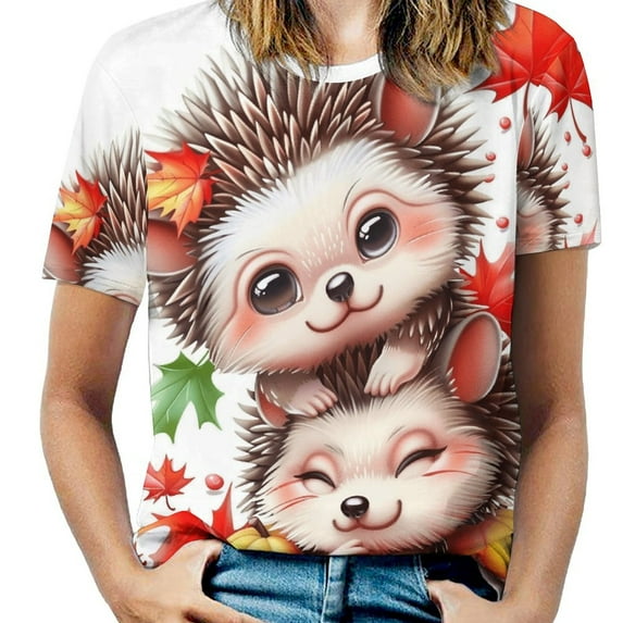 Autumn Hedgehogs Delight Womens Tops Women's Fashion Casual Short Sleeve Flower Print Round Neck Pullover Top Blouse