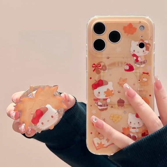 Autumn Hello Kitty Phone Grip  Cute ty Design with Autumn Leaves, Magnetic & MagSafe Compatible, Ideal for iPhone & Android Users