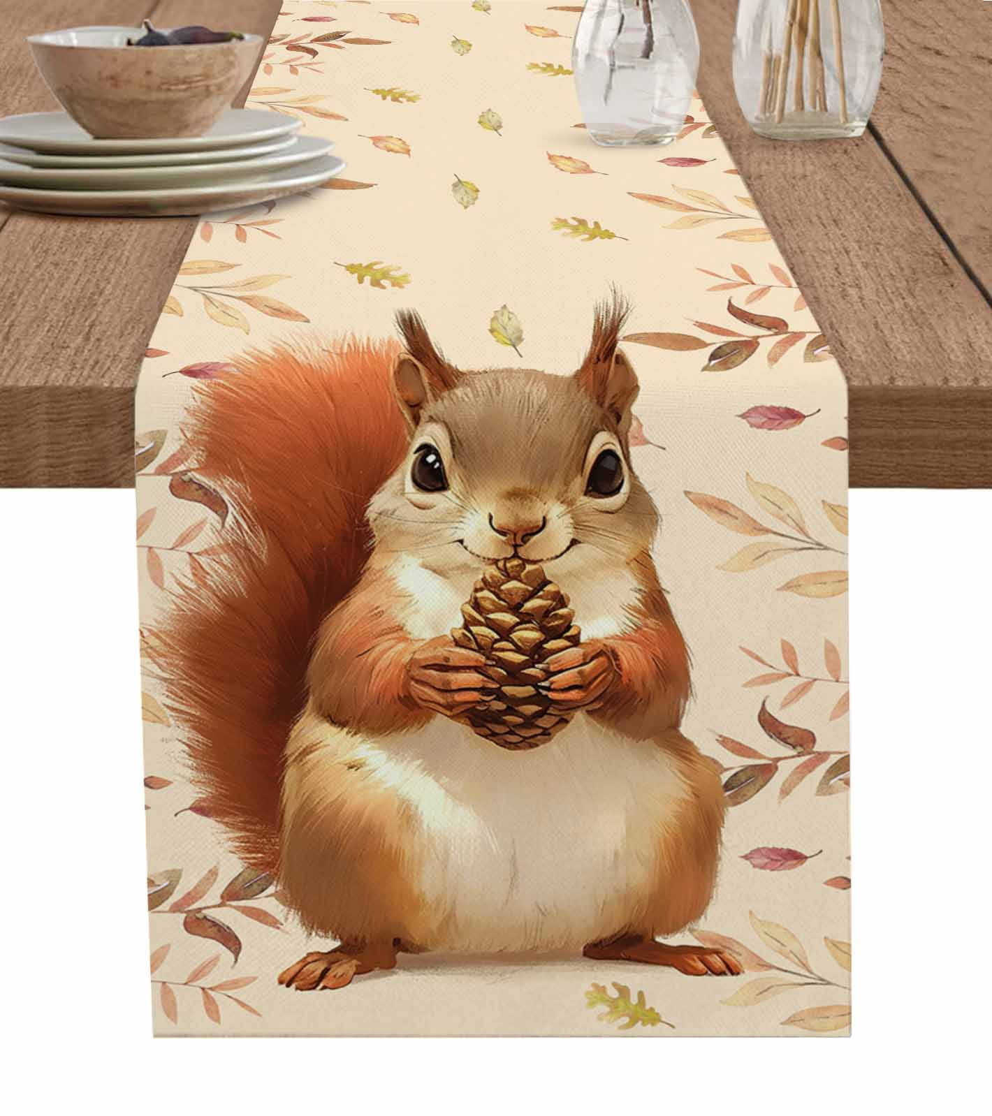 Autumn Herbs Squirrel Table Runners Holiday Kitch Table r Cotton Lin ...