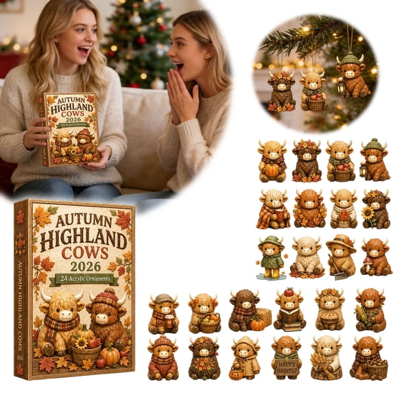 Autumn Highland Cow 24 Days Blind Box, 10.24x7.09in 2D Acrylic Ornaments for Halloween Thanksgiving Christmas Tree, Harvest Style Hanging Decor
