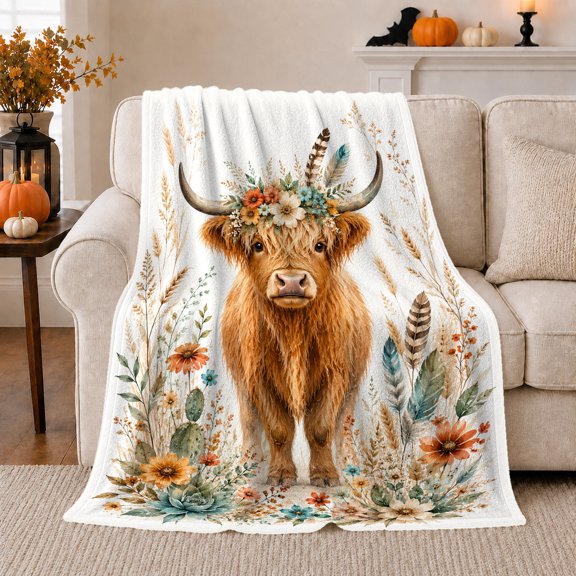 Autumn Highland Cow Floral Crown Illustration Living Room, Cozy Botanical Garden Scene, Warm Flannel Blanket for Ranch House and Living Room, Animal Lovers Thanksgiving Gift, Rustic Home Decor