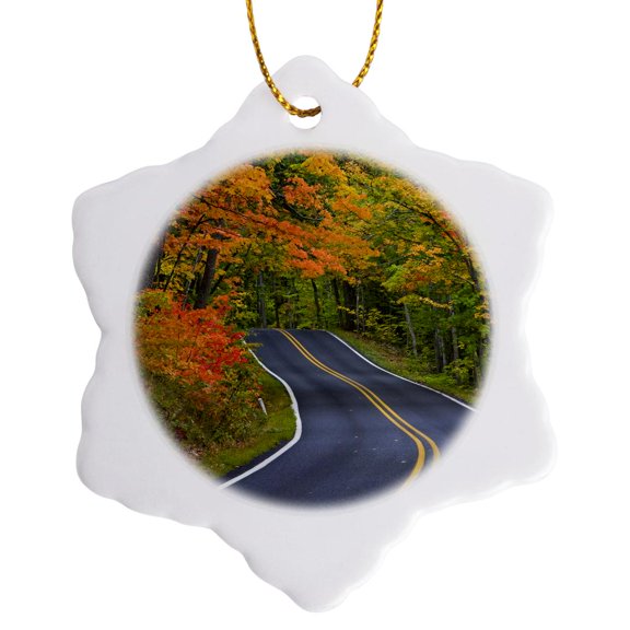 3drose, Autumn, Highway 41, Copper Harbor, Michigan - Us23 Cha0101 - Chuck Haney, 3 inch Snowflake Porcelain Ornament