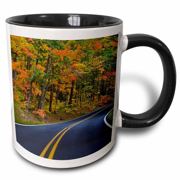 3drose, Autumn, Highway 41, Copper Harbor, Michigan - Us23 Cha0102 - Chuck Haney, 11oz Two-tone Black Mug